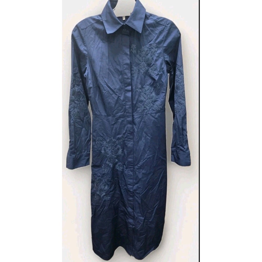 Lafayette 148 New York Navy Blue Embroidered Long Sleeve Midi Shirt Dress Size 0